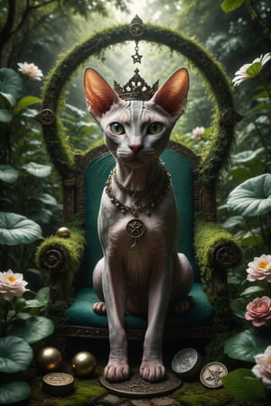 Creates an image of a female Sphynx cat with a crown on her head, on a throne in a lush garden, holding a coin with a pentacle engraved on it, surrounded by abundance and fertility, symbolizing prosperity, security and connection with nature.
