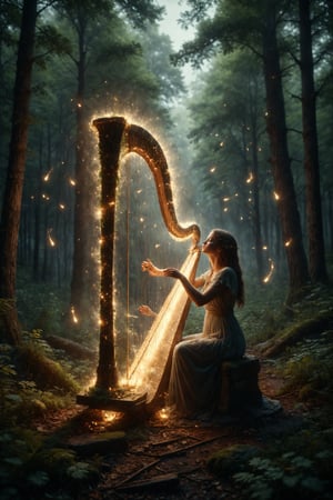 Generate an image of a person playing a harp made of light in the middle of a forest clearing lit by fireflies.