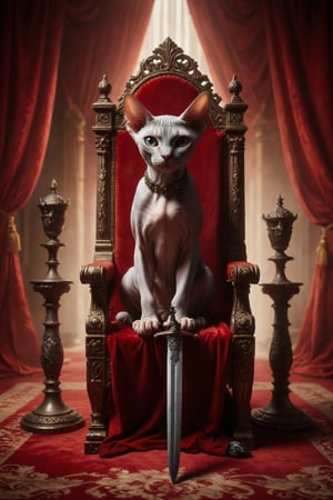 Design a scene of a Sphynx cat seated on a throne, holding a balance in one paw and a sword in the other, with a red curtain in the background, symbolizing truth, balance, and justice.