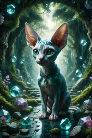 Create an illustration of a Sphynx cat with elf ears, exploring a crystal labyrinth in an emerald forest in a world of magic and mystery.