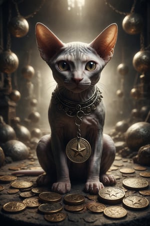 Create a scene of a Sphynx cat clutching large coins with pentacles engraved on them, with an expression of attachment and resistance to letting go, symbolizing security, greed and fear of loss.