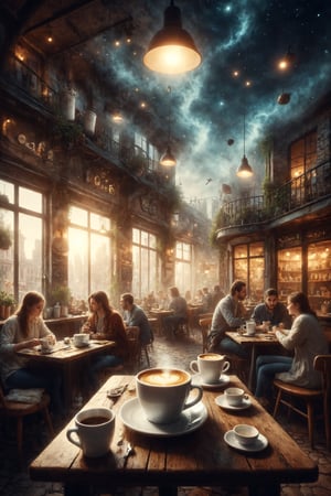 Create an illustration of a café where coffee cups come to life and converse with customers about the meaning of dreams.