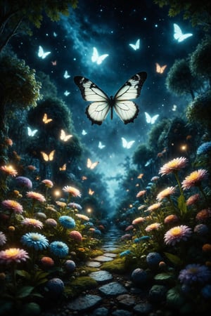 Design a scene of a garden where butterflies are the size of airplanes and flowers glow in the dark.