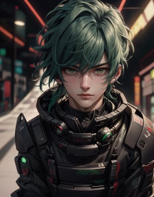 cyberpunk style, 1boy, solo, looking at viewer, suit clothes, samurai hair, mechanical arms, earrings, blurry background, cyberpunk, floral print, cowboy shot, Best quality, best illustration, best lighting, incredible quality, highly detailed 8k CG wallpaper, detailed eyes, detailed face, detailed hair, 1man,Detailedface,Detailedeyes, green hair,