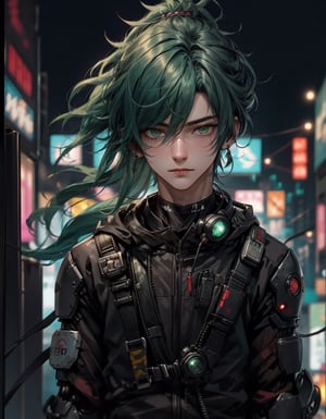 cyberpunk style, 1boy, solo, looking at viewer, suit clothes, samurai hair, mechanical arms, earrings, blurry background, cyberpunk, floral print, cowboy shot, Best quality, best illustration, best lighting, incredible quality, highly detailed 8k CG wallpaper, detailed eyes, detailed face, detailed hair, 1man,Detailedface,Detailedeyes, green hair, pony_tail,