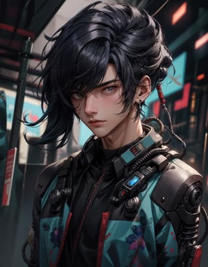 cyberpunk style, 1boy, solo, looking at viewer, suit clothes, samurai hair, mechanical arms, earrings, blurry background, cyberpunk, floral print, cowboy shot, Best quality, best illustration, best lighting, incredible quality, highly detailed 8k CG wallpaper, detailed eyes, detailed face, detailed hair, 1man,Detailedface,Detailedeyes