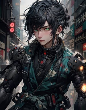 cyberpunk style, 1boy, solo, looking at viewer, suit clothes, samurai hair, mechanical arms, earrings, blurry background, cyberpunk, floral print, cowboy shot, Best quality, best illustration, best lighting, incredible quality, highly detailed 8k CG wallpaper, detailed eyes, detailed face, detailed hair, 1man,Detailedface , green eyes