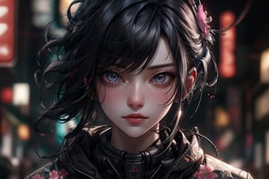 cyberpunk style,  blurry background, cyberpunk, floral print, Best quality, best illustration, best lighting, incredible quality, highly detailed 8k CG wallpaper, detailed eyes, detailed face, detailed hair, China town, cyberpunk town, cyberpunk street