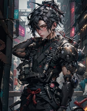 cyberpunk style, 1boy, solo, looking at viewer, suit clothes, samurai hair, mechanical arms, earrings, blurry background, cyberpunk, floral print, cowboy shot, Best quality, best illustration, best lighting, incredible quality, highly detailed 8k CG wallpaper, detailed eyes, detailed face, detailed hair, 1man,Detailedface
