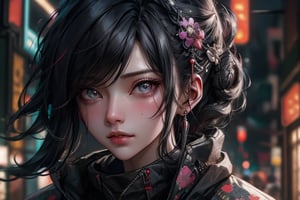 cyberpunk style,  blurry background, cyberpunk, floral print, Best quality, best illustration, best lighting, incredible quality, highly detailed 8k CG wallpaper, detailed eyes, detailed face, detailed hair, China town, cyberpunk town, cyberpunk street