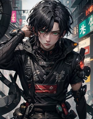 cyberpunk style, 1boy, solo, looking at viewer, suit clothes, samurai hair, mechanical arms, earrings, blurry background, cyberpunk, floral print, cowboy shot, Best quality, best illustration, best lighting, incredible quality, highly detailed 8k CG wallpaper, detailed eyes, detailed face, detailed hair, 1man, Detailedface , green eyes, mechanical hand
