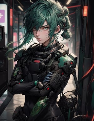 cyberpunk style, 1boy, solo, looking at viewer, suit clothes, samurai hair, mechanical arms, earrings, blurry background, cyberpunk, floral print, cowboy shot, Best quality, best illustration, best lighting, incredible quality, highly detailed 8k CG wallpaper, detailed eyes, detailed face, detailed hair, 1man,Detailedface,Detailedeyes, green hair,