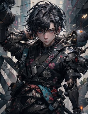 cyberpunk style, 1boy, solo, looking at viewer, suit clothes, samurai hair, mechanical arms, earrings, blurry background, cyberpunk, floral print, cowboy shot, Best quality, best illustration, best lighting, incredible quality, highly detailed 8k CG wallpaper, detailed eyes, detailed face, detailed hair, 1man,Detailedface