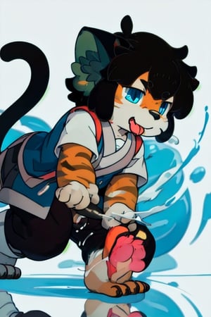 perfecteyes , (masterpiece:1.2), (anatomically correct:1.1), high quality, (((solo male anthropomorphic))) kemono furry_transformation cat fursona, 1cat boy, blue fur, blue eyes,(black nose), white hands paws, white feet, ((cat hands:1.2)), ((cat feet:1.2)),  ((sfw)), ((1boy)), absurd res, digital painting \(artwork\),male, solo:1.3, 4 toes, cat feet, reflection, countershading, discord, (motion lines:1.1),penis, tuxedo, tongue out,serve, hypnotize,ejaculate,Luo Xiaohei