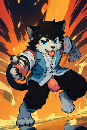 perfecteyes , (masterpiece:1.2), (anatomically correct:1.1), high quality, (((solo male anthropomorphic))) kemono furry_transformation cat fursona, 1cat boy, blue fur, blue eyes,(black nose), white hands paws, white feet, ((cat hands:1.2)), ((cat feet:1.2)),  ((sfw)), ((1boy)), absurd res, digital painting \(artwork\),male, solo:1.3, 4 toes, cat feet, reflection, countershading, discord, (motion lines:1.1),penis, tuxedo, tongue out,serve, hypnotize,ejaculate,Luo Xiaohei