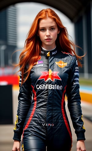 super realistic image, high quality uhd 8K, of 1 girl, detailed realistic ((slim body, high detailed)), (tall model), redhead, long ginger hair, high detailed realistic skin, (formula one racing driver uniform), real vivid colors, standing,girl,