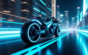 long Tron-like superbike, racing along a futuristic city road, blue ice lights, neon lights windows, shiny metal, at night, super high quality realistic cinematic image, 8k, sharp focus