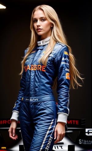 super realistic image, high quality uhd 8K, of 1 girl, detailed realistic ((slim body, high detailed)), (tall model), long blonde hair, high detailed realistic skin, (formula one racing driver uniform), real vivid colors, standing,girl,