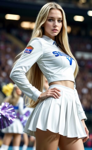 super realistic image, high quality uhd 8K, of 1 girl, detailed realistic ((slim body, high detailed)), (tall model), long blonde hair, high detailed realistic skin, (cheerleader white uniform long miniskirt), real vivid colors, standing