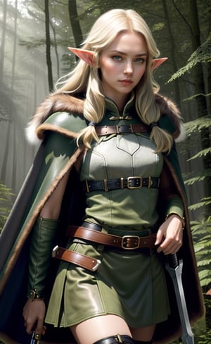 Photorealistic image ((Masterpiece)), ((high quality)) UHD 8K, of a beautiful girl, Viking elf warrior, slim, thin, tall model, (long elf ears), (medium chest), (thin waist), (hair long blonde), (deep blue eyes), ((Leather armor with short green skirt and intricate details, Various belts at waist), (Arrow holster at waist), ((fur cape)), (in the forest), Natural lighting, professional DSLR camera,high_elf_archer