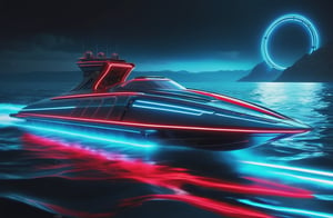 photorealistic image, masterpiece, high quality 8K, of a futuristic science fiction fantasy super long jet boat, Tron legacy, blue and red neon lights, good lighting, sailing through the sea, at night, sharp focus