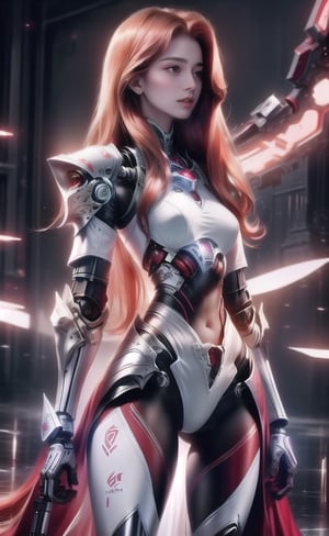super realistic image, high quality uhd 8K, of ((1 girl)), detailed realistic ((slim body, high detailed)), skinny waist, (tall model), redhead, long ginger hair, high detailed realistic skin, (((white armorpantie, intrincate details))), ((cybernetic tegnology arms)), non cybernetic abdomen, real vivid colors, standing,warriorofxian,1 girl
