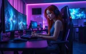 Very detailed and visually stunning realistic photograph of a beautiful young female player, with a slim and athletic body. She is sitting in an ergonomic gaming chair, surrounded by a futuristic configuration of computer equipment for playing video games, with neon lights illuminating the scene. The background features glowing screens and gaming equipment, casting a soft blue and white glow onto it. Her long red hair is flowing and she is wearing a sleek, futuristic outfit that subtly accentuates her figure. He is amused and excited as he clutches a high-end game controller, his striking eyes shining in the light from the screens. Lighting should enhance your beauty, with deep shadows and high-contrast highlights that highlight your sharp features and the shiny texture of your game settings. The overall scene should be dynamic, modern and slightly sensual, capturing the intensity and appeal of a top player in action