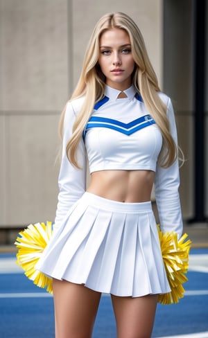 super realistic image, high quality uhd 8K, of 1 girl, detailed realistic ((slim body, high detailed)), (tall model), long blonde hair, high detailed realistic skin, (cheerleader white uniform long miniskirt), real vivid colors, standing