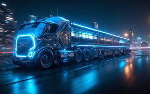 long Tron-like supertruck, racing along a futuristic city road, blue ice lights, neon lights windows, shiny metal, at night, super high quality realistic cinematic image, 8k, sharp focus