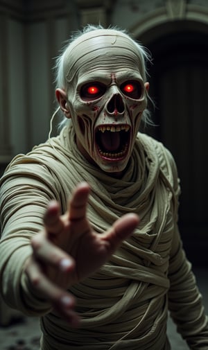 horror atmosphere, Egyptian mummy, open mouth, bloody teeth, rotten mummy bandage, white ragged hair, red eyes, bandage all over the body, face and head, extending his hands towards the viewer, in an old and abandoned mansion, place gloomy, super realistic image, high quality and definition, sharp focus