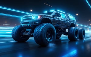 long Tron-like super monster truck, super big wheels, racing along a futuristic city road, blue ice lights, neon lights windows, shiny metal, at night, super high quality realistic cinematic image, 8k, sharp focus