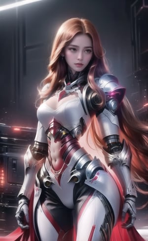 super realistic image, high quality uhd 8K, of ((1 girl)), detailed realistic ((slim body, high detailed)), skinny waist, (tall model), redhead, long ginger hair, high detailed realistic skin, (((white armorpantie, intrincate details))), ((cybernetic tegnology arms)), non cybernetic abdomen, real vivid colors, standing,warriorofxian,1 girl