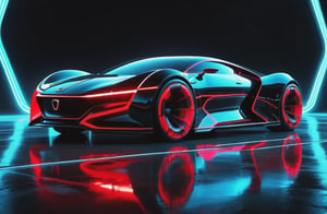 photorealistic image, masterpiece, high quality 8K, of a futuristic car, Tron legacy, black and red neon lights, good lighting, at night, sharp focus