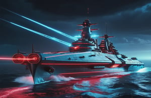 photorealistic image, masterpiece, high quality 8K, of a futuristic science fiction fantasy super long Missouri battleship with triple cannons and laser machine gun nest, Tron legacy, blue and red neon lights, good lighting, sailing through the sea, at night, sharp focus