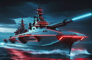 photorealistic image, masterpiece, high quality 8K, of a futuristic science fiction fantasy super long Missouri battleship with triple cannons and laser machine gun nest, Tron legacy, blue and red neon lights, good lighting, sailing through the sea, at night, sharp focus
