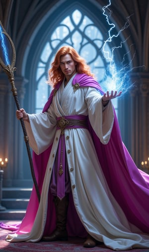 photorealistic image of a beautiful man, long red hair, slim body, tall, ((white robe short magical pants)), ((fuchsia cape and hood)), ((casting an electric spell with his magic staff)), ((in a castle room medieval fantasy), masterpiece, ultra image quality, high detail, sharp focus