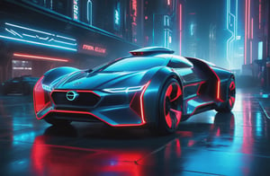 photorealistic image, masterpiece, high quality 8K, of a futuristic science fiction fantasy (((super long Flying car))), Tron legacy, blue and red neon lights, good lighting, ((flying over a cyberpunk city)), at night, sharp focus