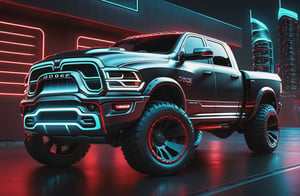 photorealistic image, masterpiece, high quality 8K, of a futuristic science fiction fantasy ((large DODGE RAM)), Tron legacy, black and red neon lights, good lighting, at night, sharp focus