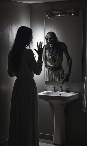 A terrifying demon comes out of the bathroom mirror and tries to grab a woman, horror movie image, horrible horror demon