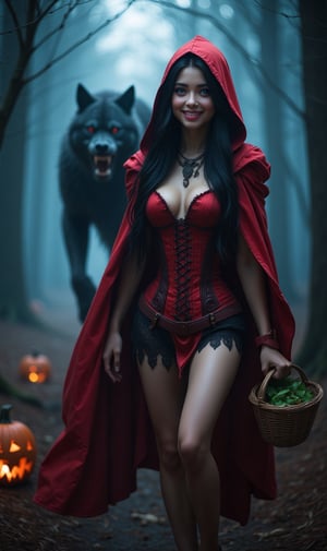 Photorealistic image ((Masterpiece)), ((high quality)) UHD 8K, of a young and beautiful woman, smiling face, long dark hair, perfect skin, blue eyes, standing, tall model, slim body, ((hood and red cape)), ((red corset and miniskirt)), carries a basket of food. a demonic werewolf stalking her in a sinister scary forest, horror movie image, Halloween horror, demonic pumpkins on the ground. ((On Halloween night)), realistic photography, natural lighting, professional DSLR camera