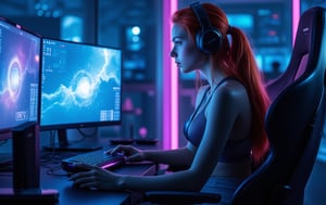 Very detailed and visually stunning realistic photograph of a beautiful young female player, with a slim and athletic body. She is sitting in an ergonomic gaming chair, surrounded by a futuristic configuration of computer equipment for playing video games, with neon lights illuminating the scene. The background features glowing screens and gaming equipment, casting a soft blue and white glow onto it. Her long red hair is flowing and she is wearing a sleek, futuristic outfit that subtly accentuates her figure. He is amused and excited as he clutches a high-end game controller, his striking eyes shining in the light from the screens. Lighting should enhance your beauty, with deep shadows and high-contrast highlights that highlight your sharp features and the shiny texture of your game settings. The overall scene should be dynamic, modern and slightly sensual, capturing the intensity and appeal of a top player in action