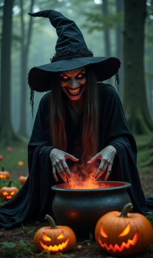 A demonic, scary witch, evil smiling face, long straight hair, sallow skin, black witch dress, pointed witch hat, preparing a spelled brew in the cauldron, deep in the forest, horror movie image, halloween horror, demonic pumpkins on the ground