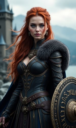 a female viking warrior, full body, blue eyes, long redhead hair, slim body, sexy black armor ornate with runes, fur cape, holding a powerful battle sword and shield, fantasy landscape, a medieval castle in the background, dramatic lighting, cinematic composition, epic fantasy, Artstation, intricate details, super realistic, high quality UHD, 8k, sharp focus