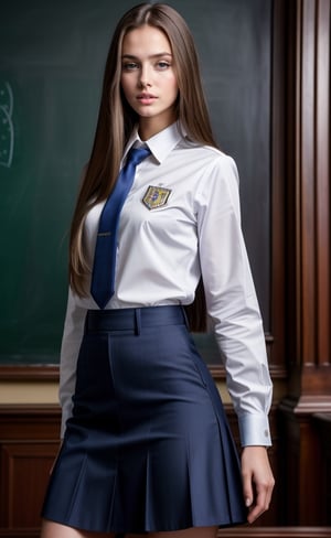 super realistic image, high quality uhd 8K, of 1 girl, detailed realistic ((slim body, high detailed)), (tall model), long brunete hair, high detailed realistic skin, (school uniform with miniskirt), real vivid colors, standing