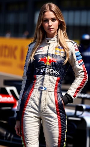 super realistic image, high quality uhd 8K, of 1 girl, detailed realistic ((slim body, high detailed)), (tall model), long bonde hair, high detailed realistic skin, (formula one racing driver uniform), real vivid colors, standing,girl,