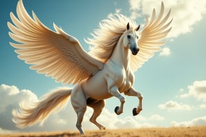 Photorealistic image ((Masterpiece)), ((high quality)) UHD 8K, of a beautiful and spectacular mythological Pegasus, winged horse, thin body, radiating immense power, long golden hair, giant wings of great magnitude spread, riding through the sky flying, epic fantastic mythology of great power and realism, realistic. photography, natural lighting, professional DSLR camera