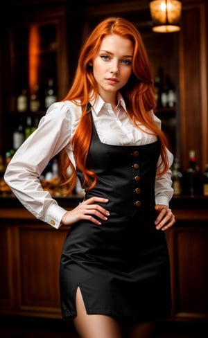 super realistic image, high quality uhd 8K, of 1 girl, detailed realistic ((slim body, high detailed)), (tall model), redhead long ginger hair, high detailed realistic skin, (traditional german waitress uniform), real vivid colors, standing,girl