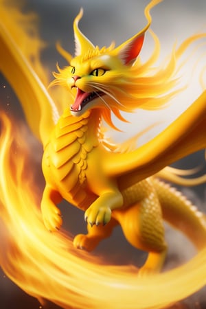 
8K photorealistic image of a bright yellow angelic dragon, ((yellow cat hair)), long body, dragon head, ((nine cat tails)), ((bird wings)), in mid-flight breathing fire mouth