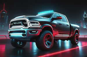 photorealistic image, masterpiece, high quality 8K, of a futuristic science fiction fantasy ((DODGE RAM)), Tron legacy, black and red neon lights, good lighting, at night, sharp focus