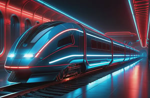 photorealistic image, masterpiece, high quality 8K, of a futuristic science fiction fantasy super long train, Tron legacy, blue and red neon lights, good lighting, at night, sharp focus